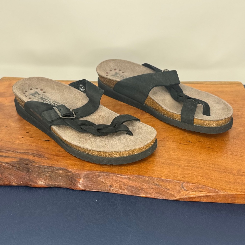 Mephisto Helen Twist Black Leather Braided Thong Sandals Air-Relax Sz 38 US 7.5